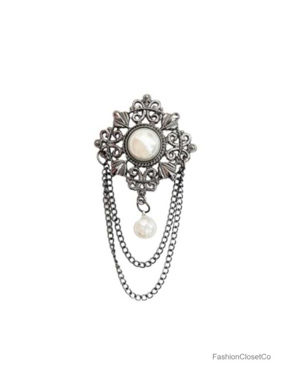 Baroque Pearl Brooch Filigree Flower Tassel Chain Lapel Pin Victorian Style